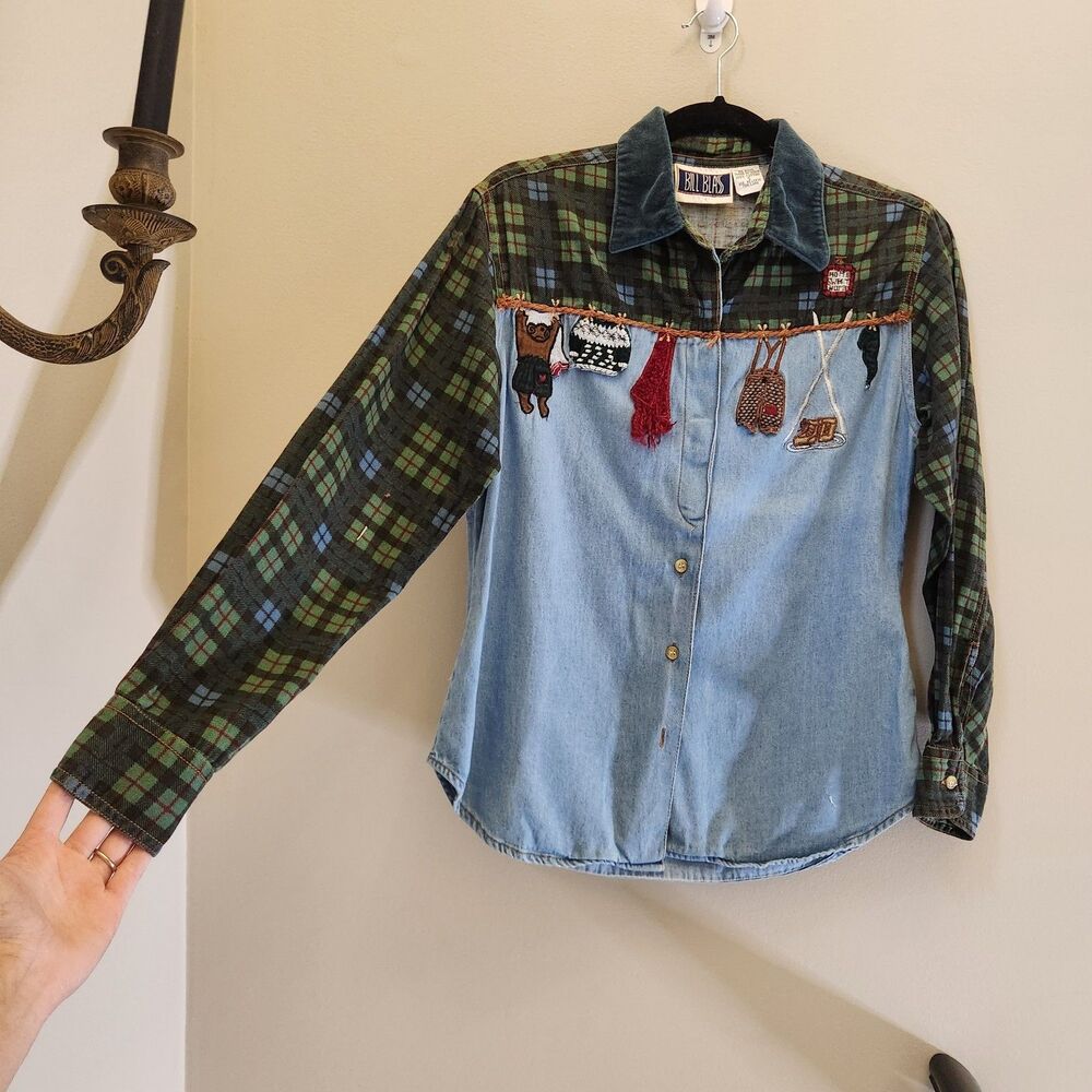 Vtg 90s Bill Blass Winter Cabin Christmas Holiday Ski Lodge Flannel Button Down